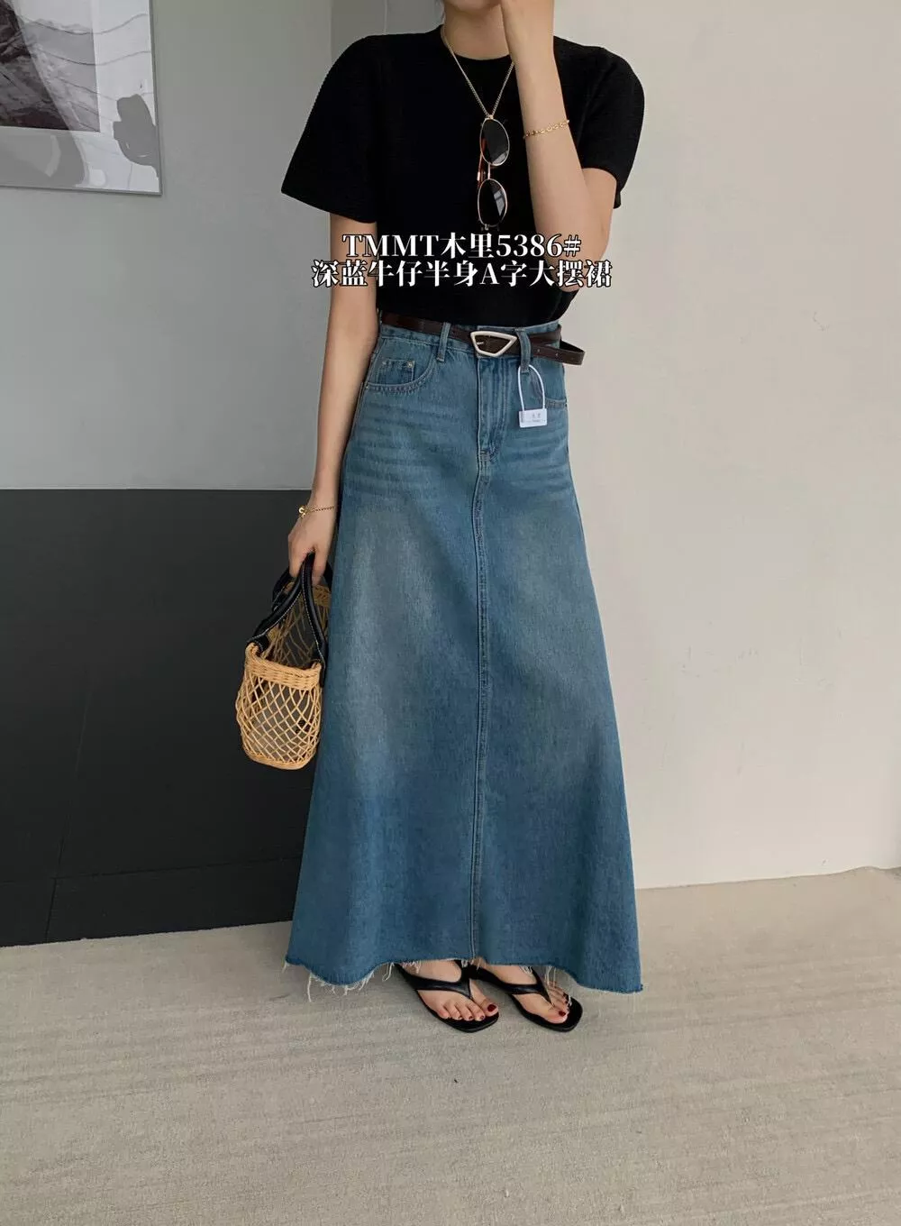 春上新【JIAJIATMMT木里】長裙傘裙牛仔裙(配腰帶)  5386#  LKZ