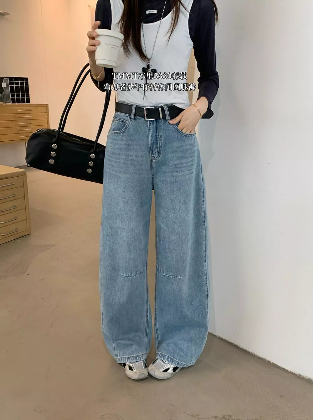 法式復古水洗做舊闊腿褲型彎刀老爹褲牛仔褲(配腰帶)5330#LKZ