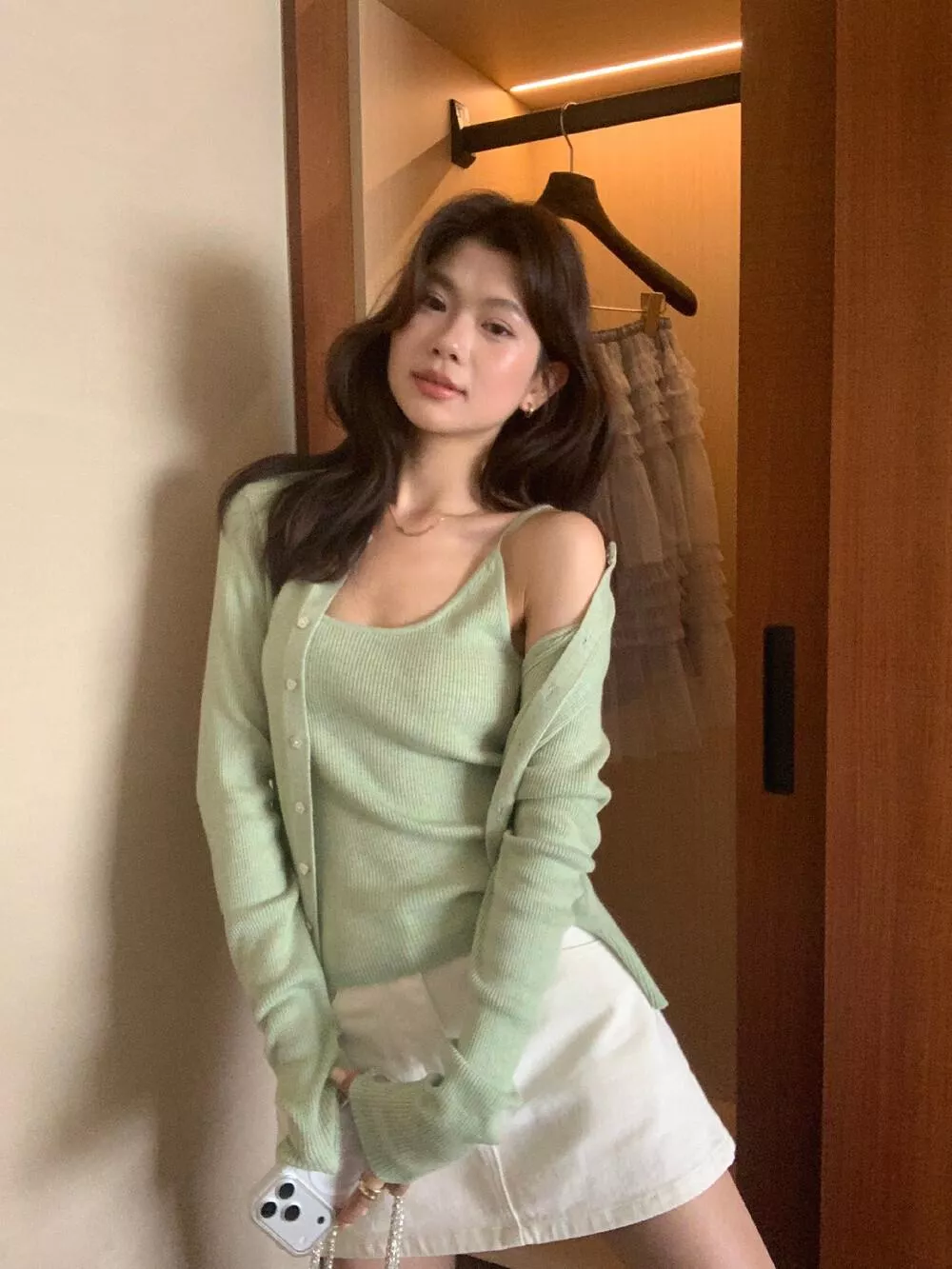 【檸檬綠茶】清爽兩件套裝！時尚簡約百搭開襟衫顯瘦背心套裝(含6%羊毛) 99-910# LWD