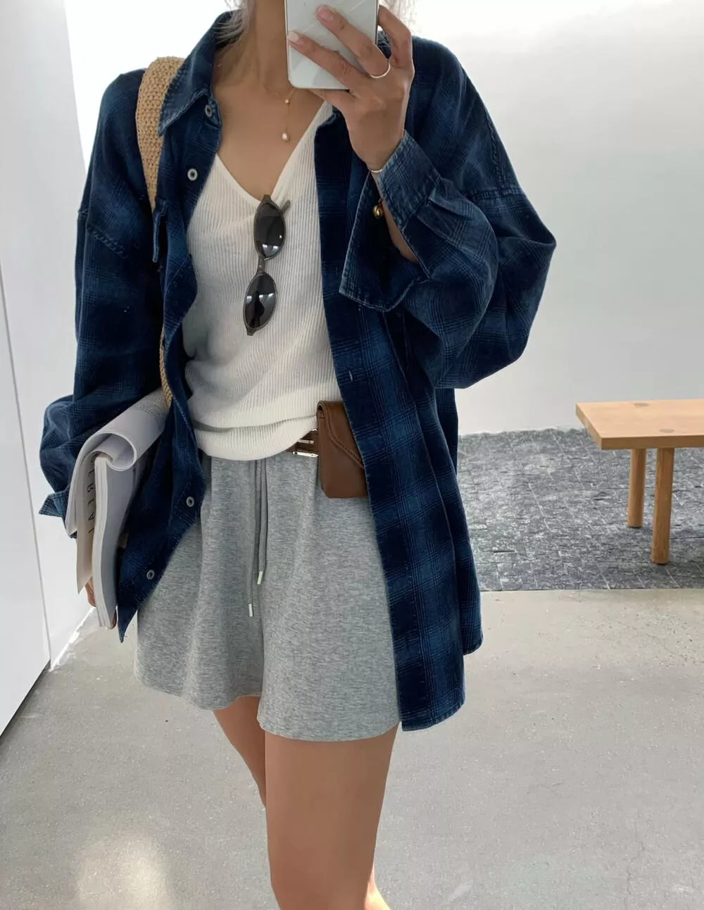 【ONE SEVEN】复古风格翻领宽松格纹衬衫 C2227# LSL