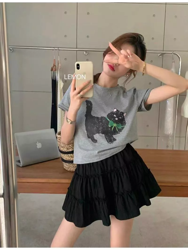 ✈️最後現貨🔥【正品代理】春夏🌸The lemon來我家看貓🐈韓系可可愛愛百搭蝴蝶結貓咪印花短袖圓領T恤上衣6251
