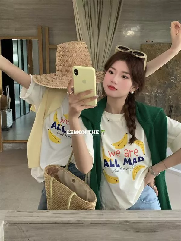 ✈️現貨🔥【正品代理】春夏🌸The lemon韓系休閒寬鬆感舒適質感棉質香蕉🍌字母印花圓領短袖上衣T恤6007 ☺︎︎