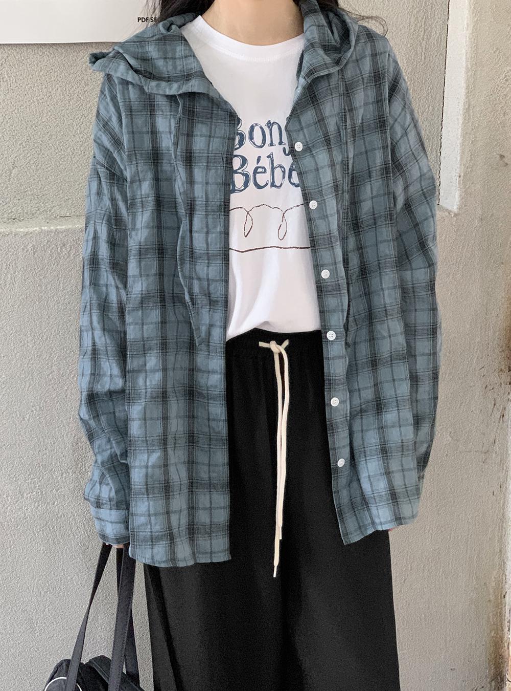 (98doci) Check Hoodie blouse