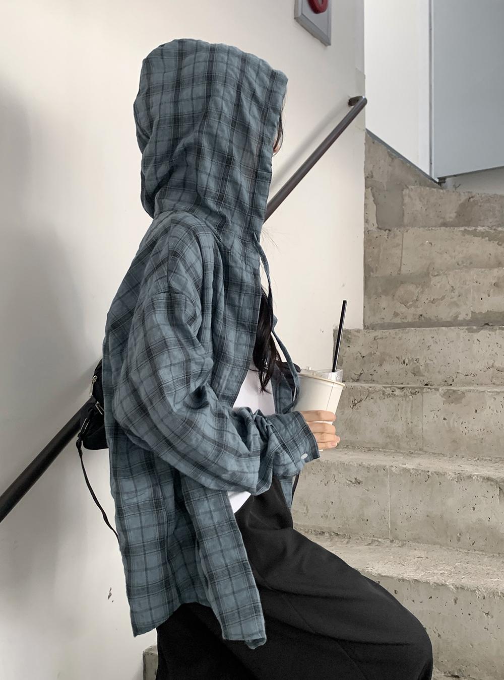 (98doci) Check Hoodie blouse