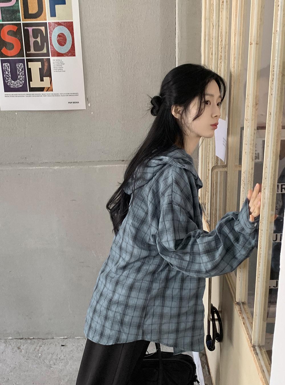 (98doci) Check Hoodie blouse