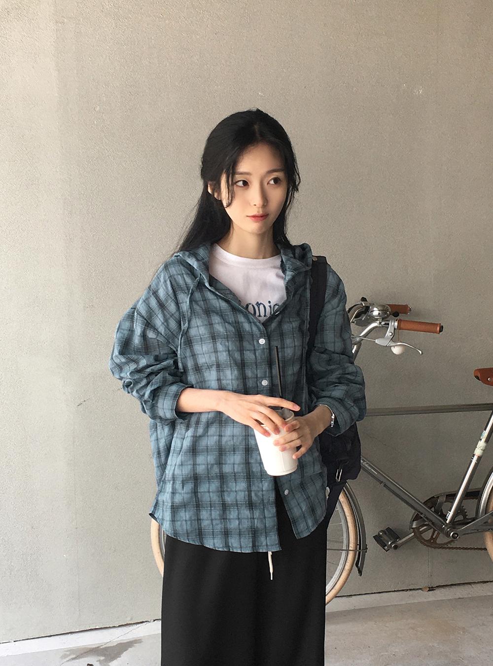 (98doci) Check Hoodie blouse