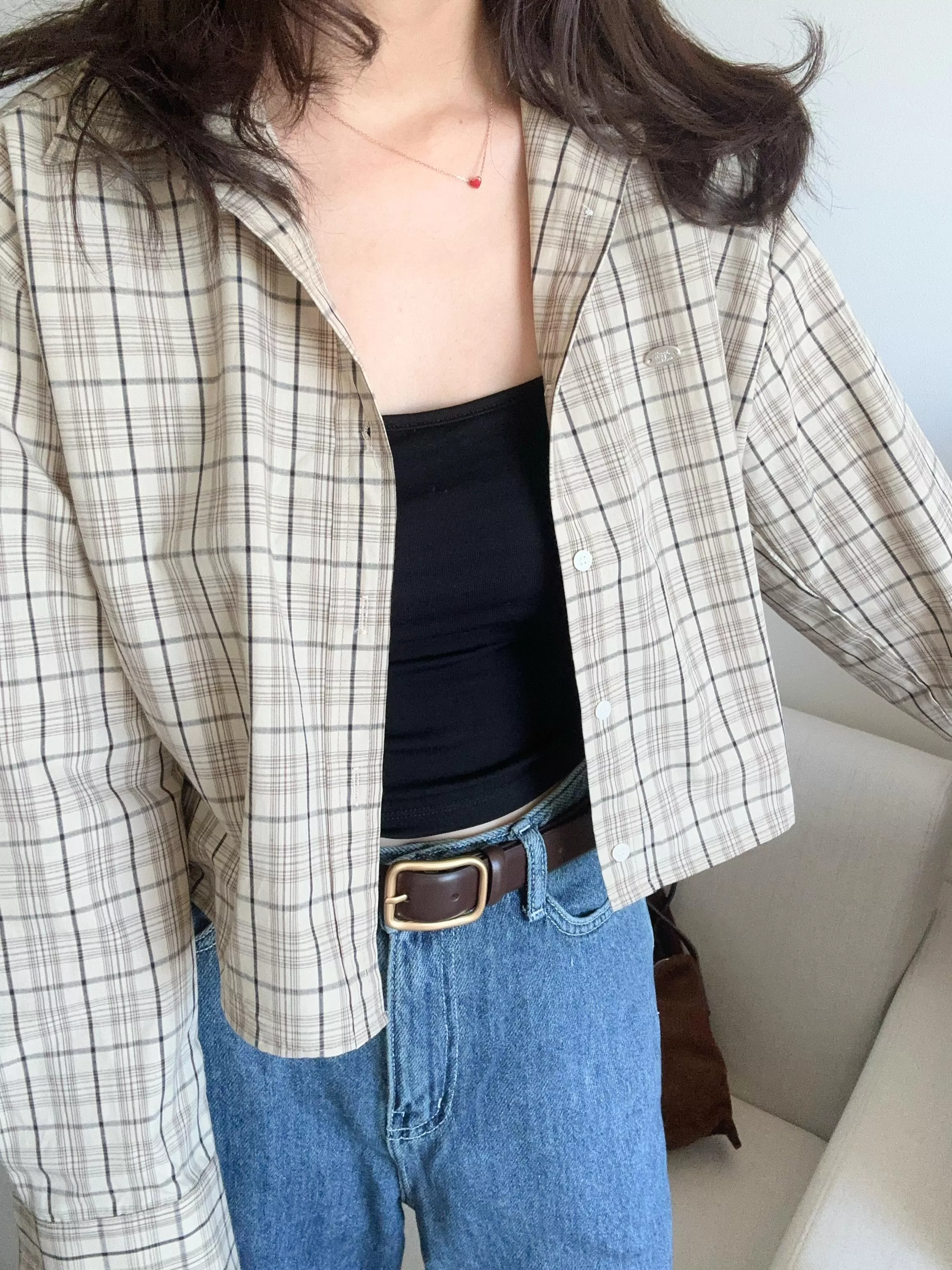 脆片格紋短版襯衫