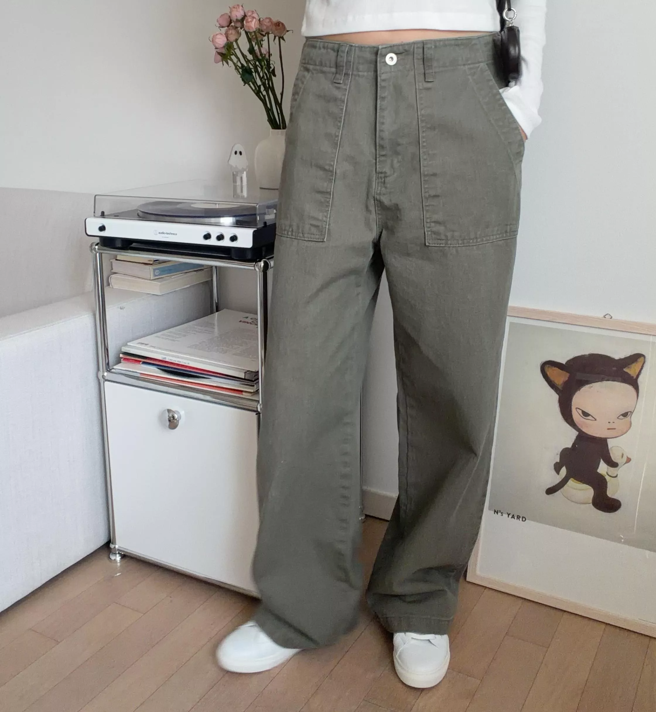 水洗牛仔工裝褲