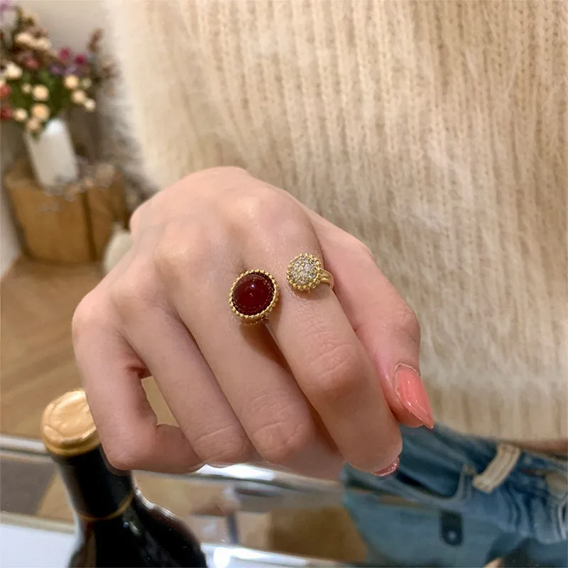 質感合金戒指 | 復古輕奢酒紅石戒指 | 低敏純銀 不易退色 開口戒指