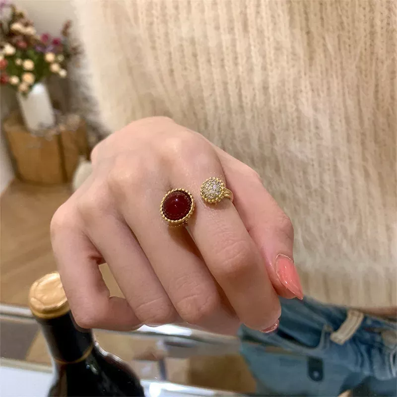 質感合金戒指 | 復古輕奢酒紅石戒指 | 低敏純銀 不易退色 開口戒指