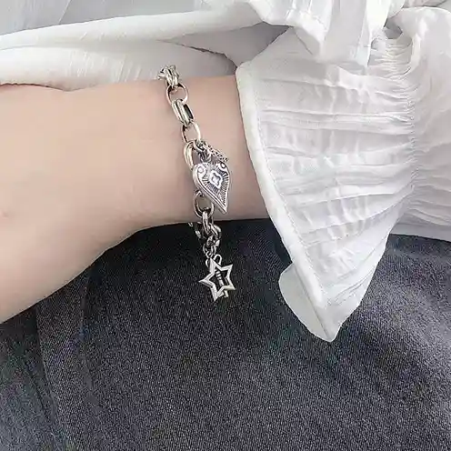 S925純銀手鍊 | 復古個性愛心星星手鍊 | 低敏純銀 可碰水 不易退色