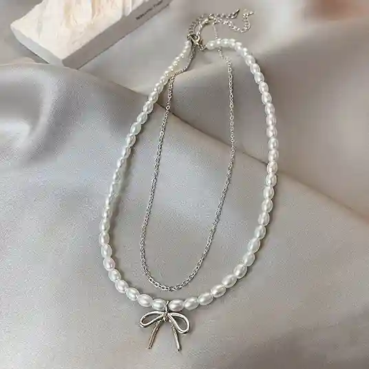 質感合金項鍊 | 甜美珍珠蝴蝶結雙層項鍊  | 低敏親膚 可碰水 不易退色