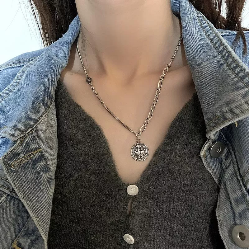 S925純銀項鍊 | 復古骷顱頭圓幣不對稱項鍊  | 低敏純銀 可碰水 不易退色