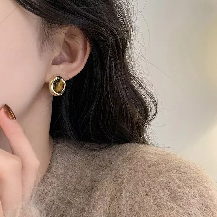 無耳洞耳夾 | 氣質美拉德虎眼石紋香盤耳夾 | 無痛感 低敏親膚 光澤度高