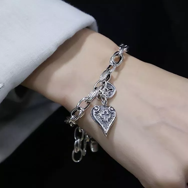 S925純銀復古愛心五角星手鍊RBL5040 銀飾 首飾