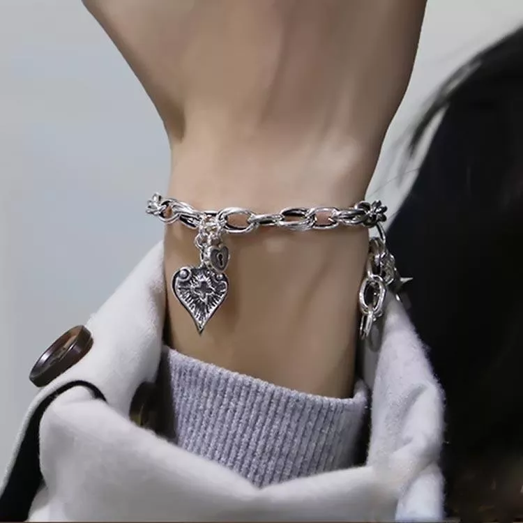 S925純銀復古愛心五角星手鍊RBL5040 銀飾 首飾