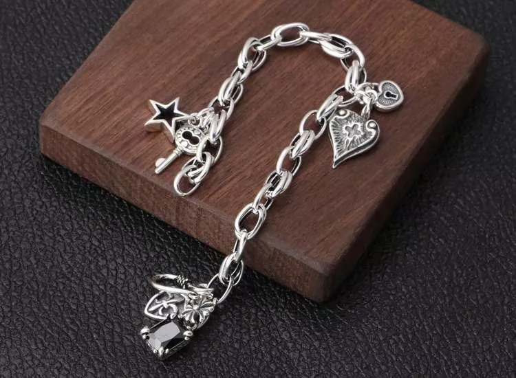 S925純銀復古愛心五角星手鍊RBL5040 銀飾 首飾