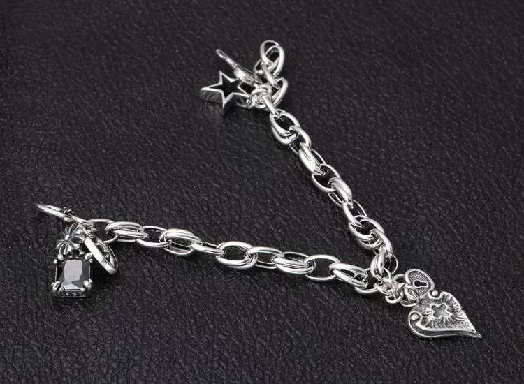 S925純銀復古愛心五角星手鍊RBL5040 銀飾 首飾