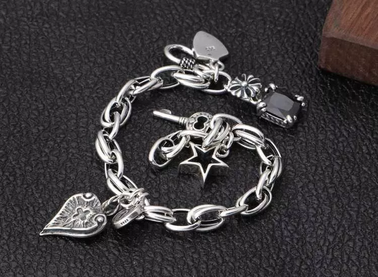 S925純銀復古愛心五角星手鍊RBL5040 銀飾 首飾