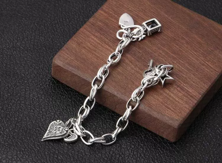 S925純銀復古愛心五角星手鍊RBL5040 銀飾 首飾