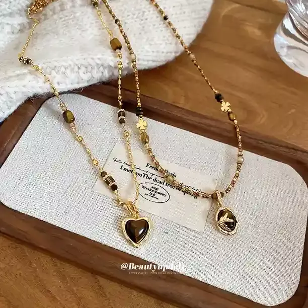 質感合金項鍊 | 美拉德愛心虎眼石項鍊  | 低敏親膚 不易退色 可碰水