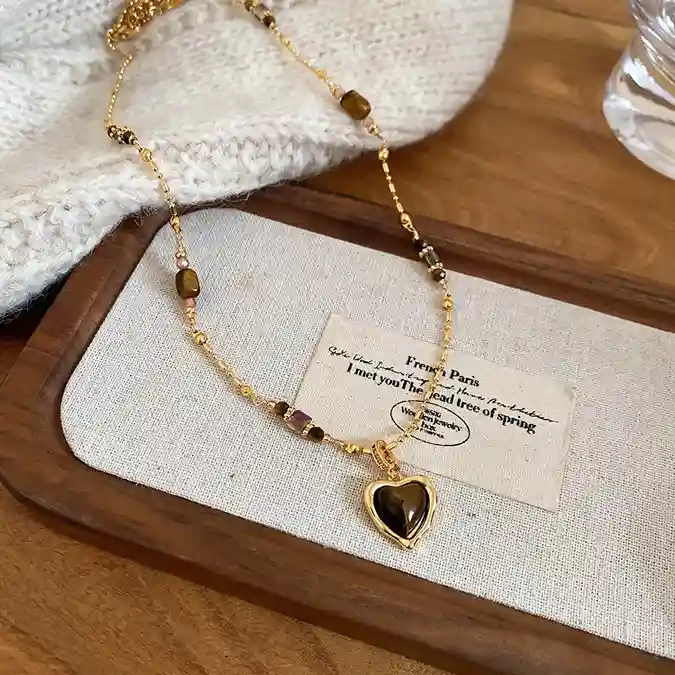 質感合金美拉德愛心虎眼石項鍊RBM5003 銀飾 飾品