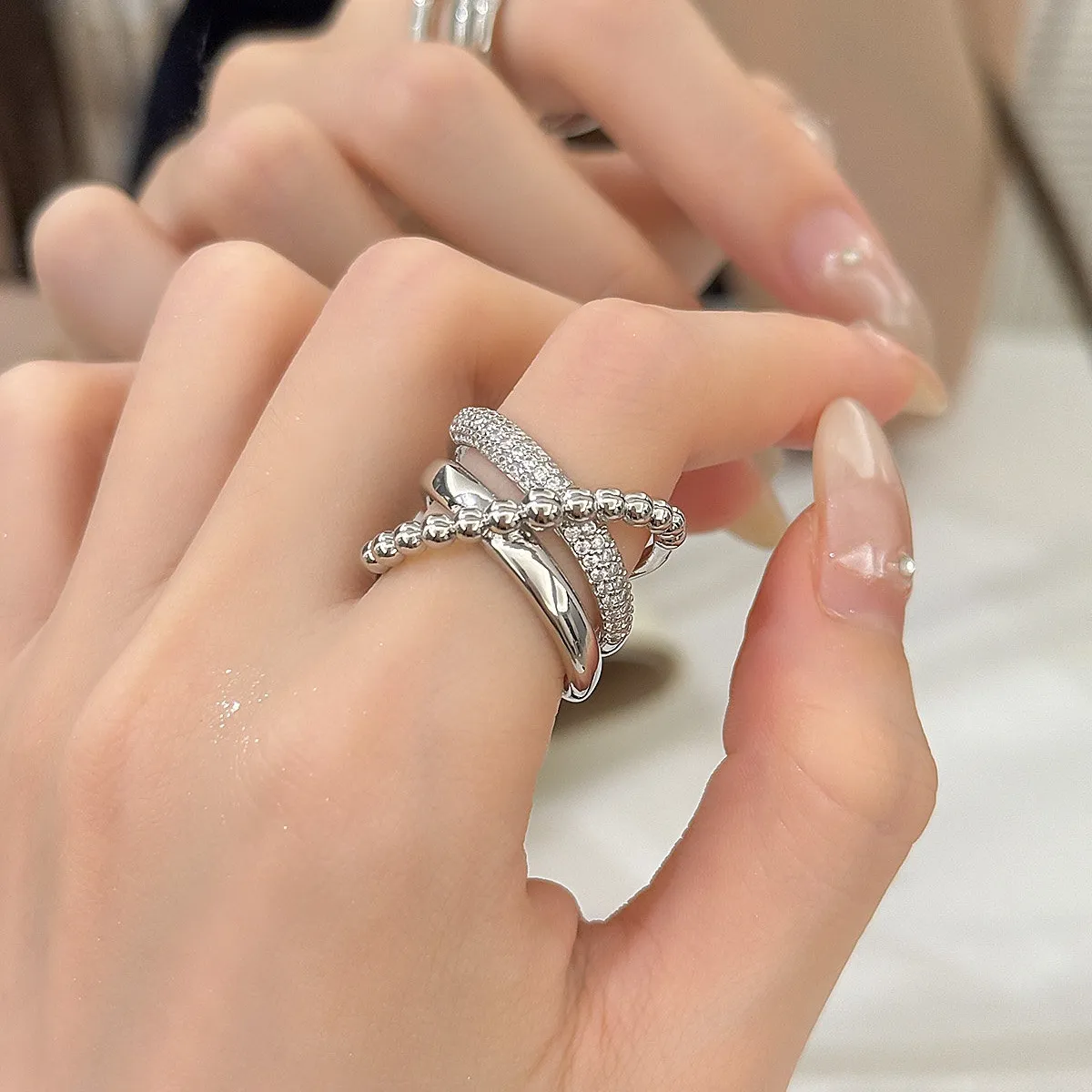 S925純銀甜酷感線條多層交叉戒指RBL6002 銀飾 飾品