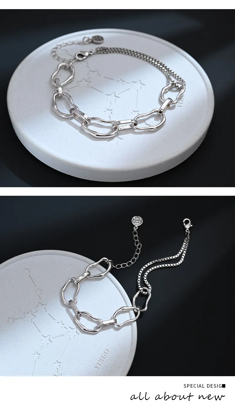 S925純銀簡約不對襯簍空個性手鍊RBS6002 銀飾 飾品