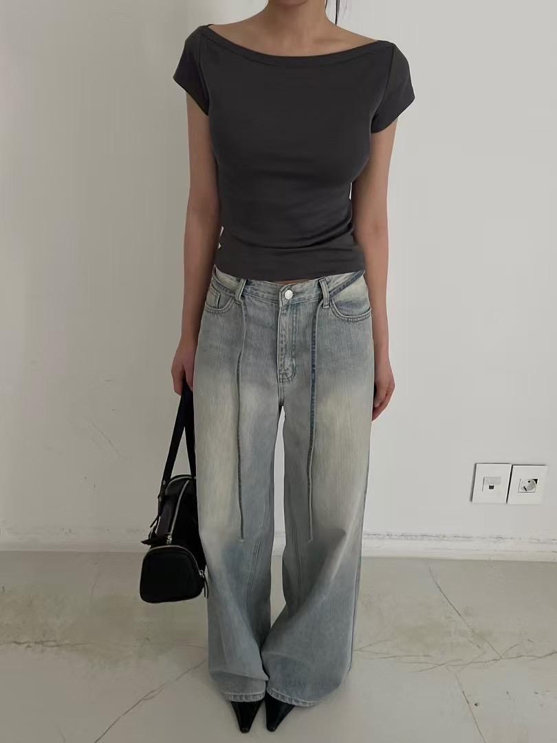 4"13 一字領貼身短tee