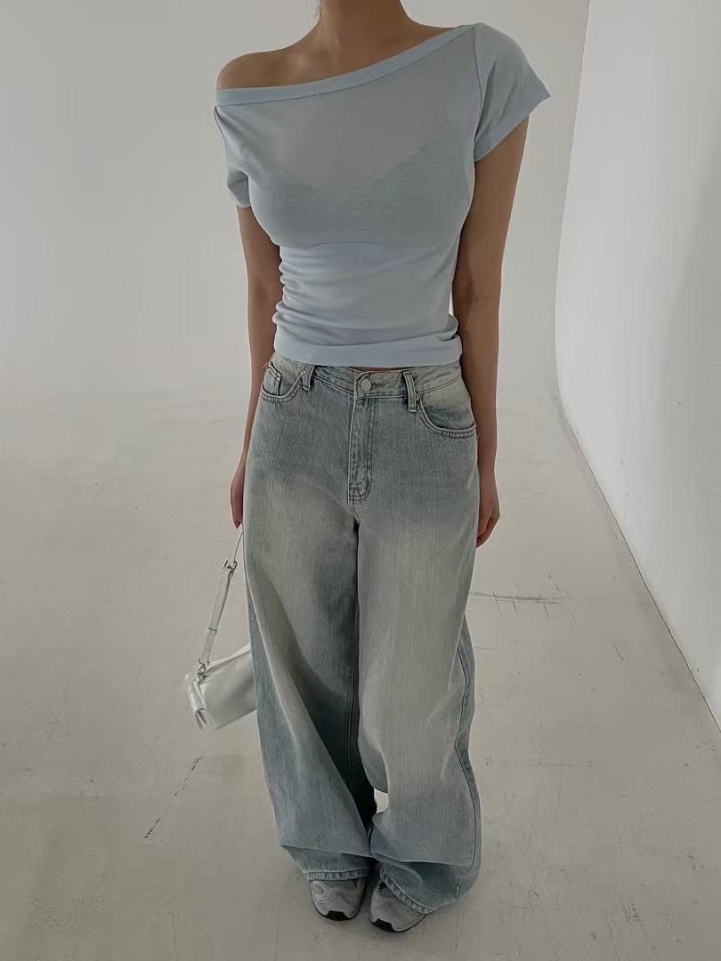 4"13 一字領貼身短tee