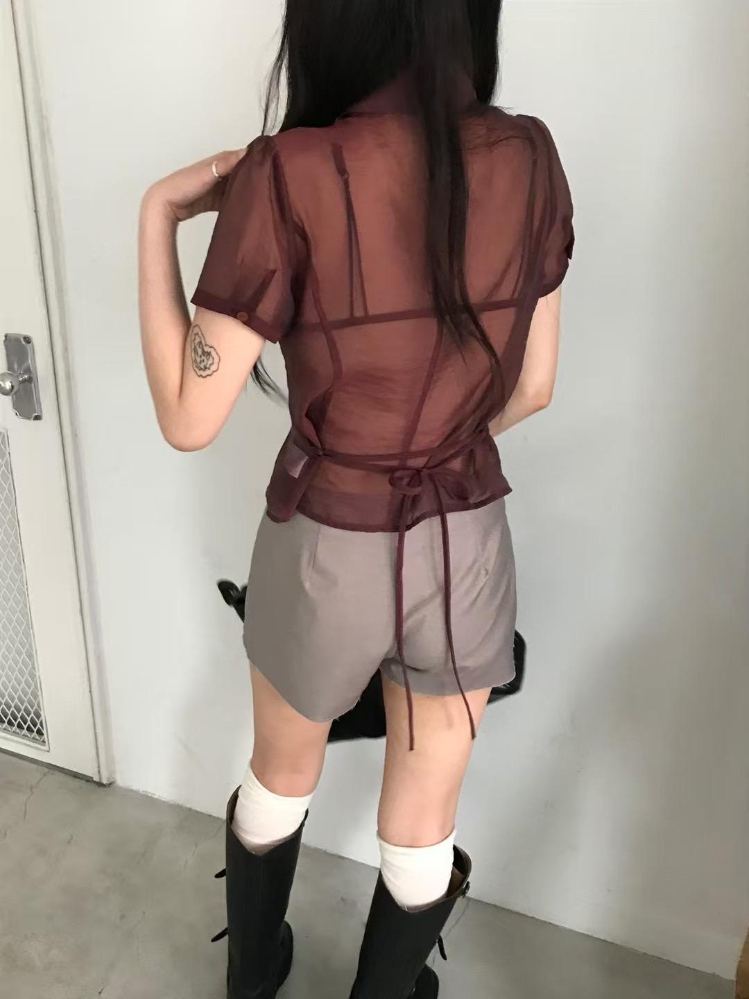 4"13 透膚後綁帶襯衫