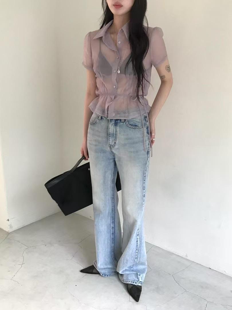 4"13 透膚後綁帶襯衫
