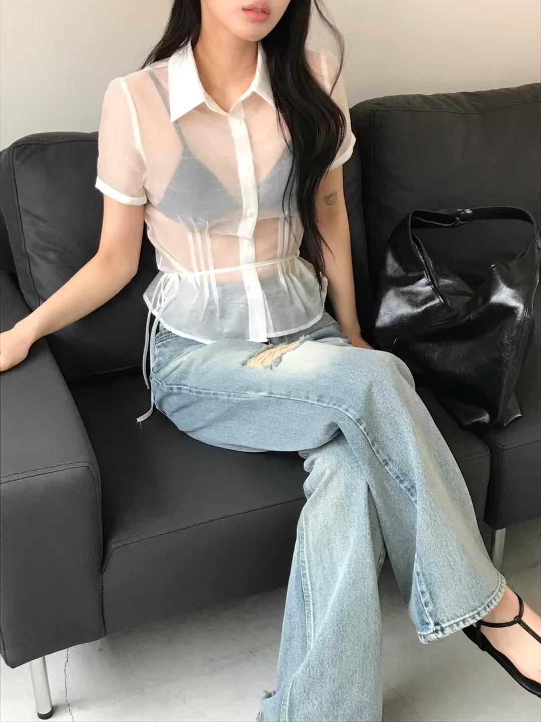 4"13 透膚後綁帶襯衫