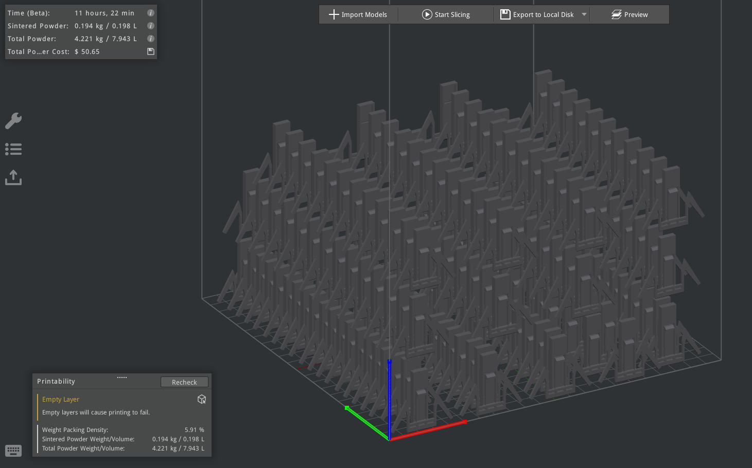 尼龍燒結的優勢可以立體堆疊，一次生產206件。