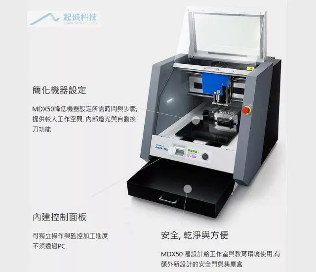 MDX50具有安全外罩設計、自動換刀、廢料集中抽屜等設計