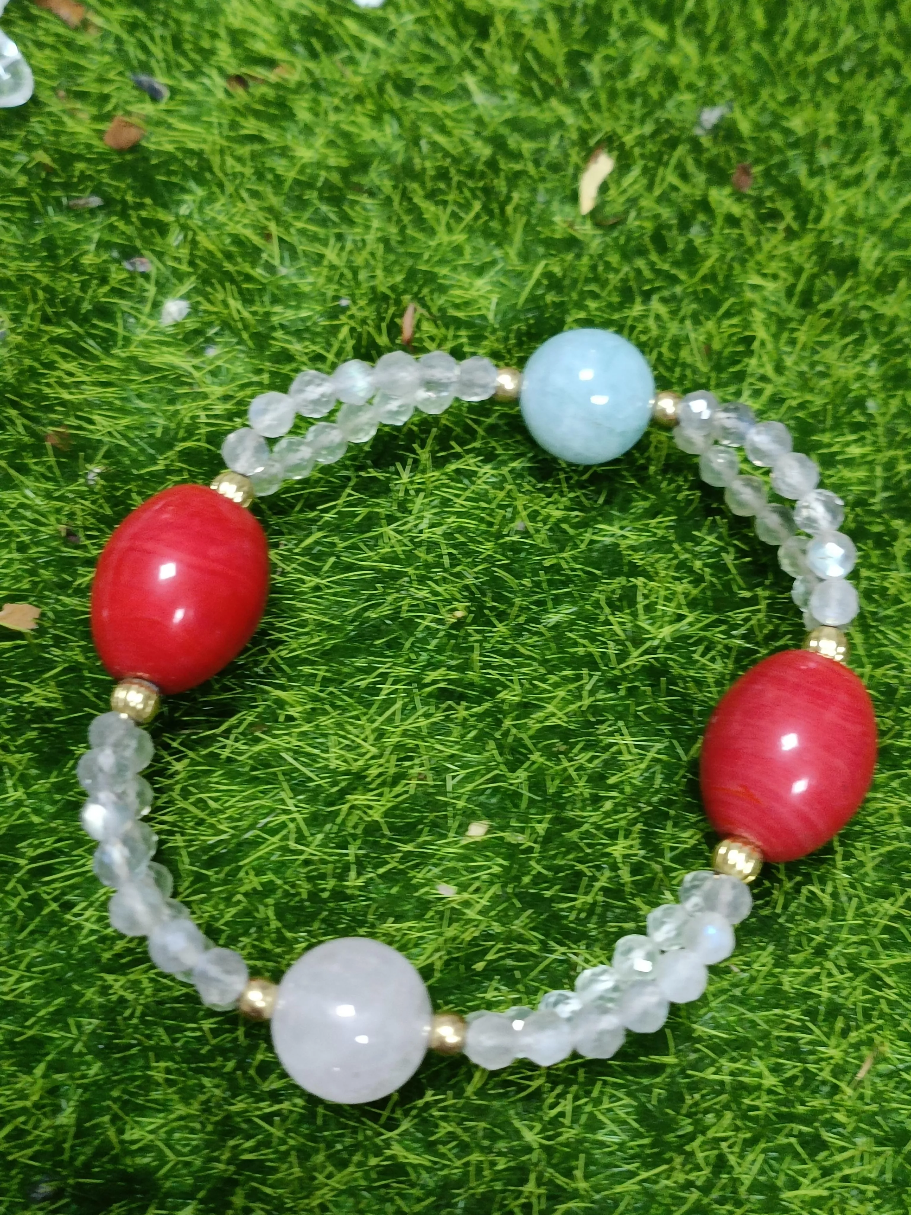 白月光石_葡萄石_粉晶_海藍寶設計手鏈