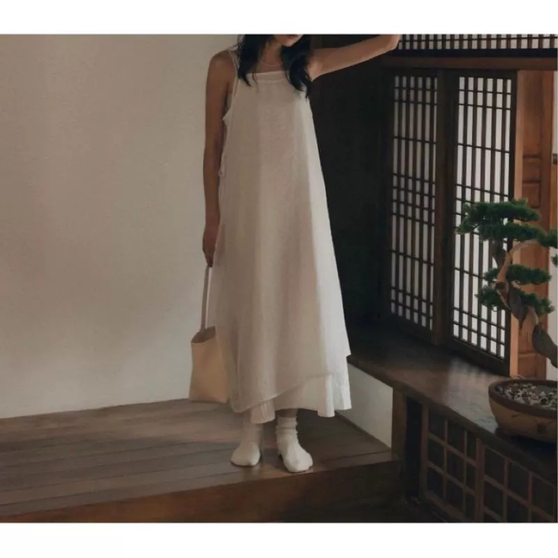 現貨_日系清透疊穿側綁帶細肩洋裝o