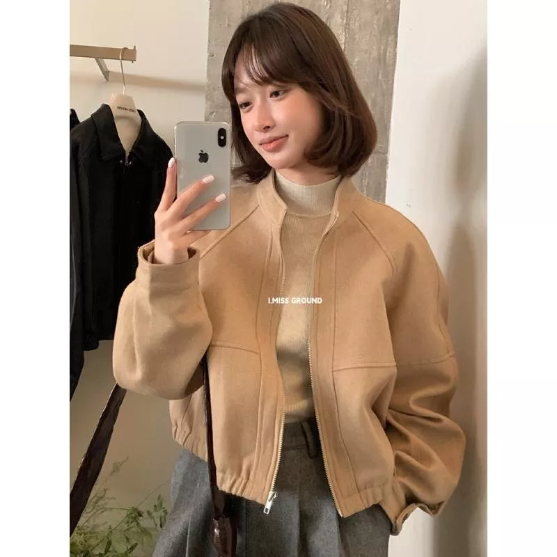 立領短版拉鍊毛呢外套 含50%羊毛 (預購)