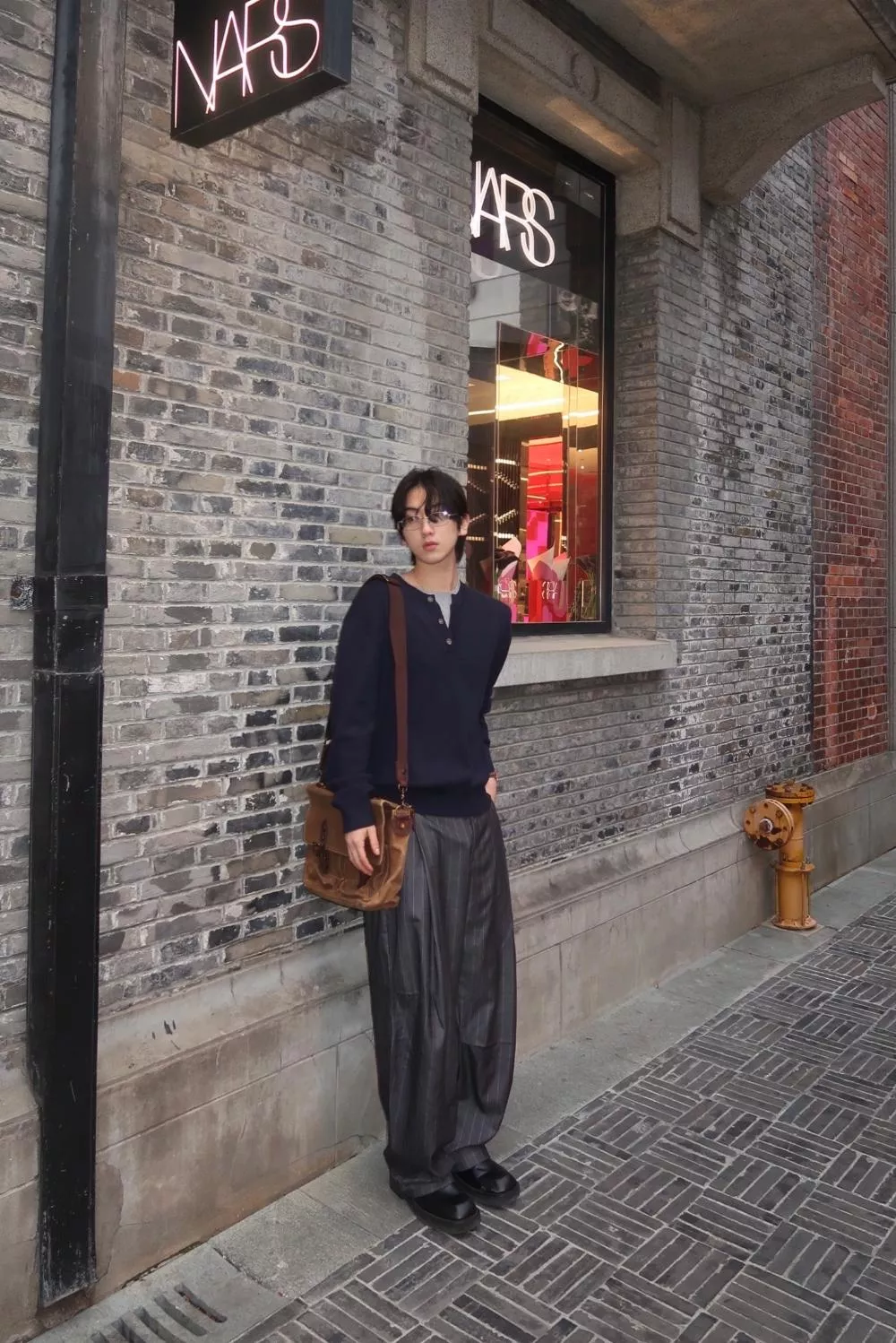 NK08_ 經典條紋寬鬆弧形 羊毛混紡氣球褲