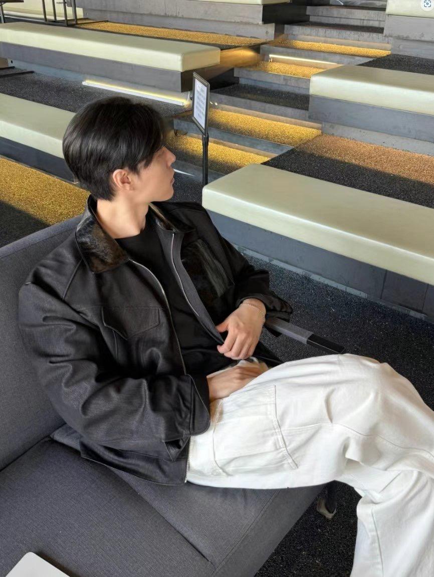 NJ33 光澤感登頂 方形口袋皮夾克