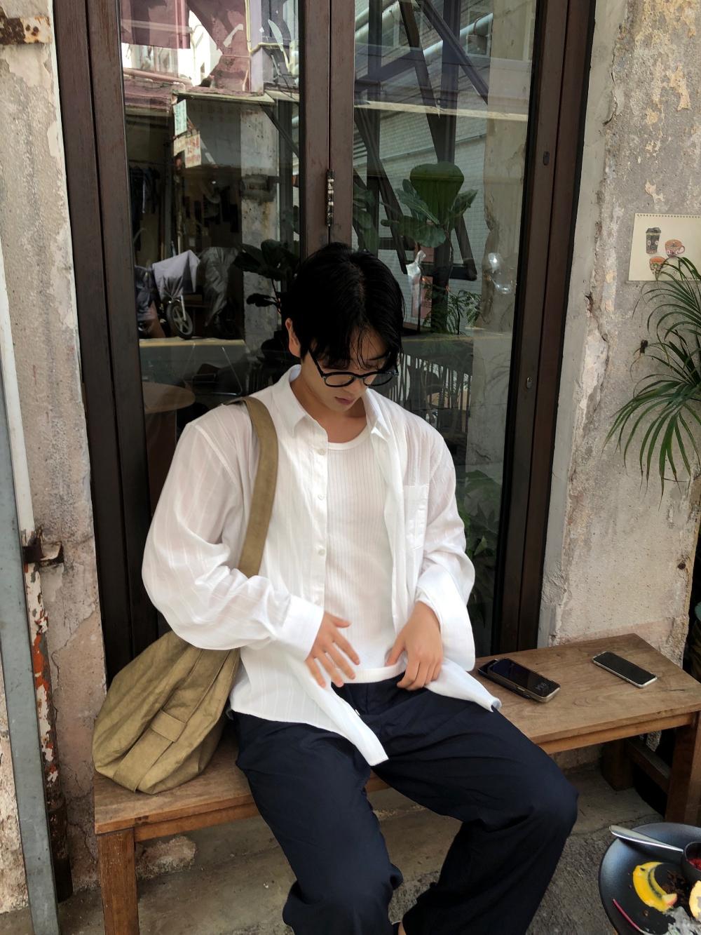 NL14 高級絲綢質感 條紋打孔襯衫