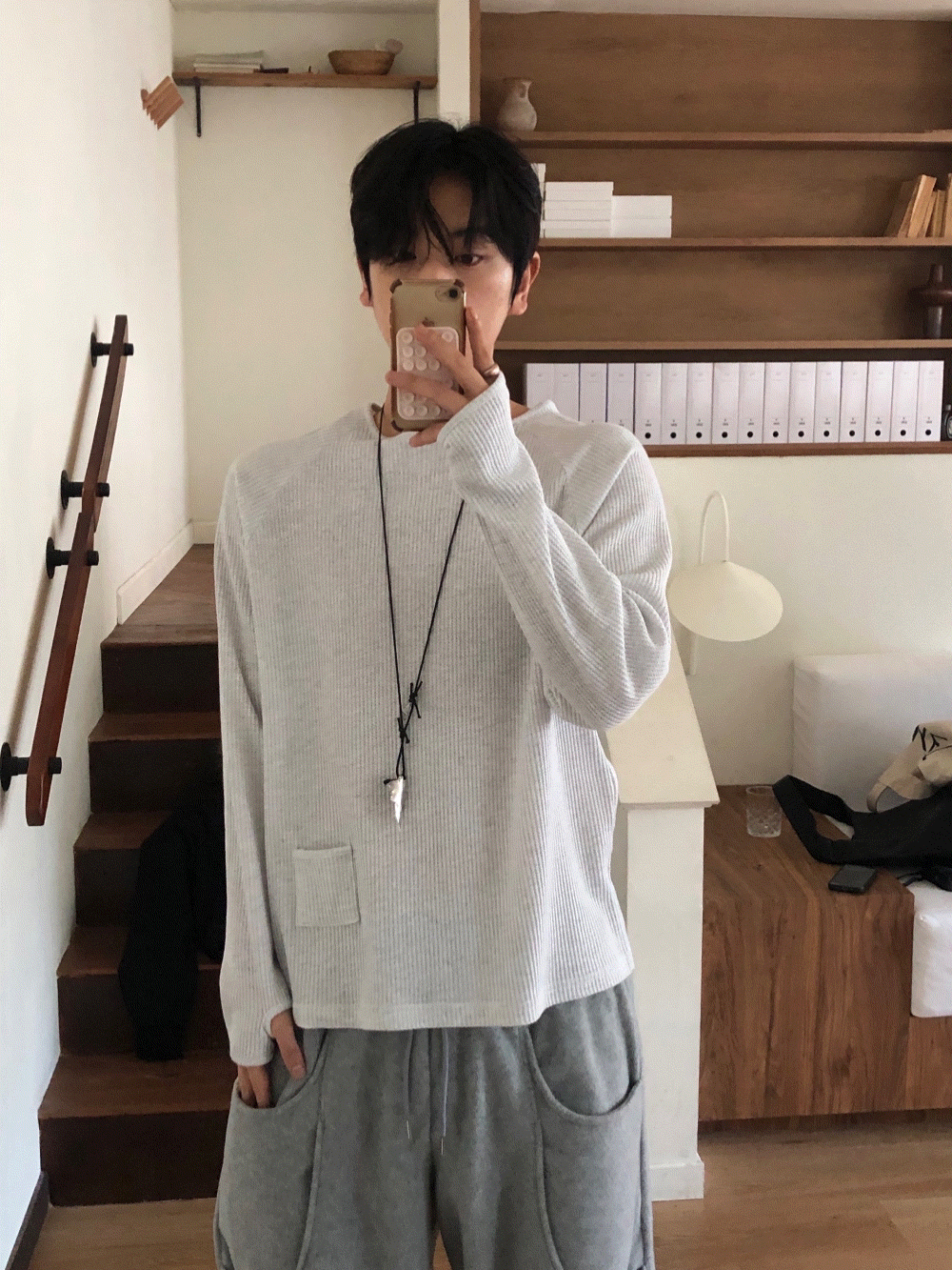 CH22_華夫格口袋 方領保暖針織上衣