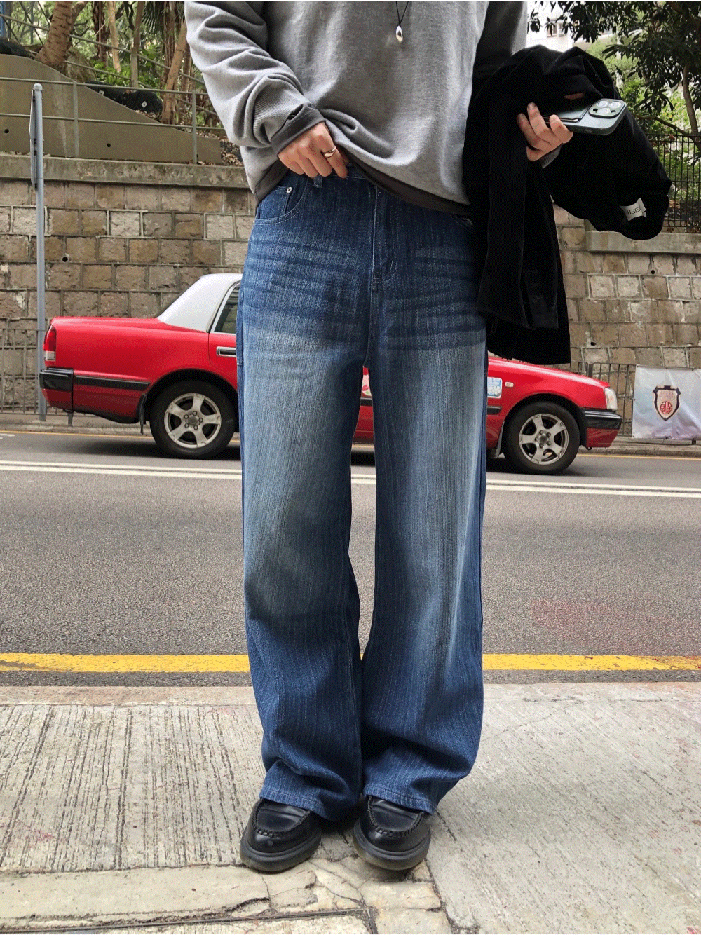 CI25_卡西歐條紋 闊腿牛仔褲