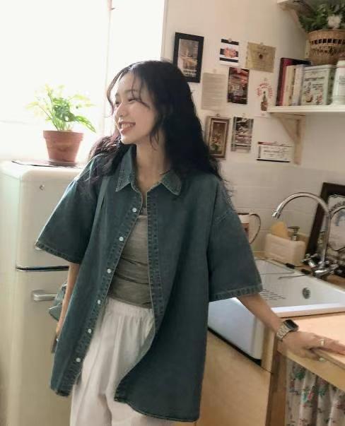 丹寧短袖襯衫