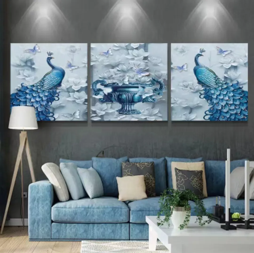 無框掛畫 | 現代壁畫三件組 | 藍雀