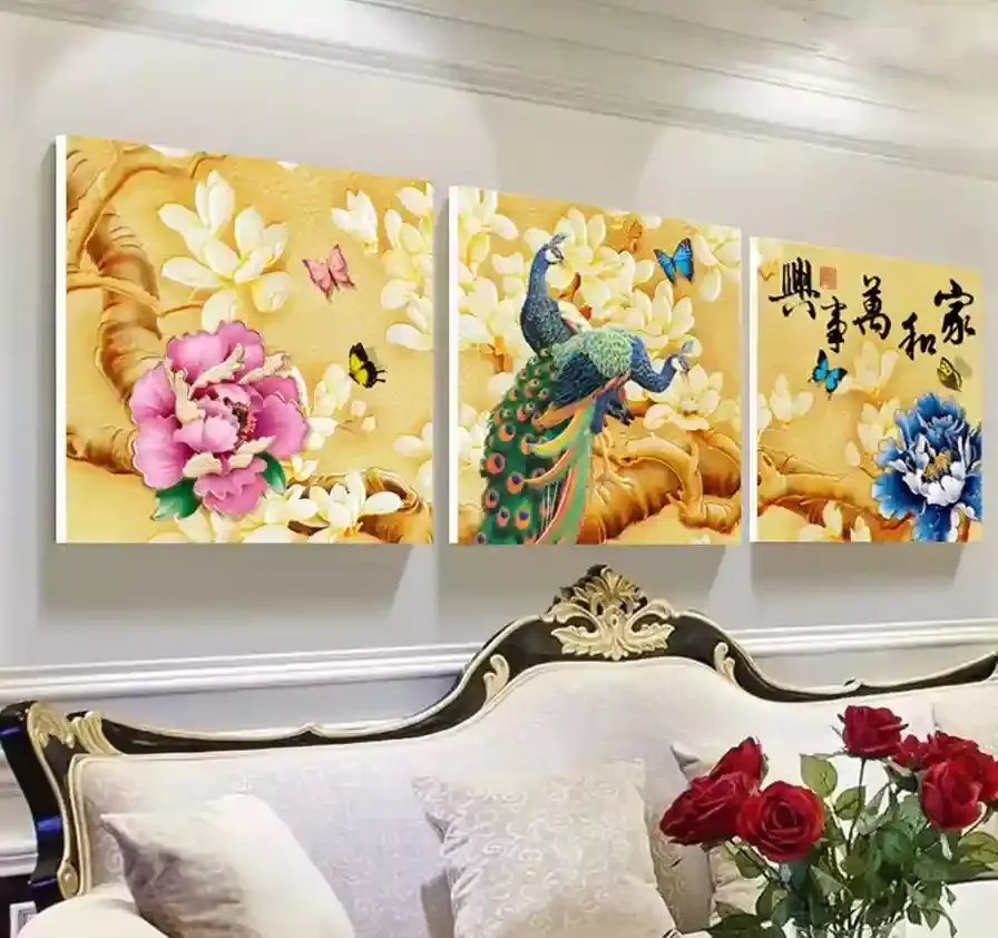 無框掛畫 | 現代壁畫三件組 | 孔雀家和萬事興01