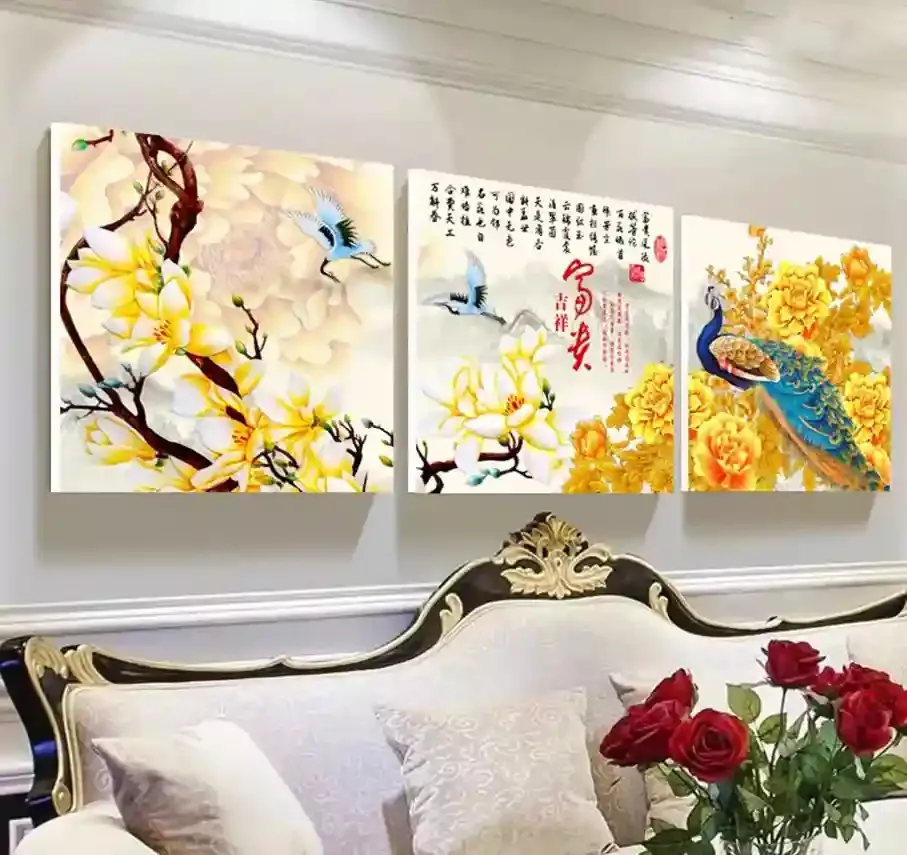 無框掛畫 | 現代壁畫三件組 | 孔雀家和萬事興02