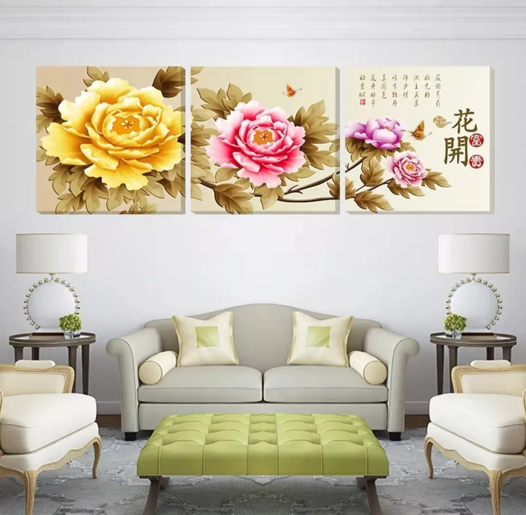 無框掛畫 | 現代壁畫三件組 | 牡丹花開富貴02