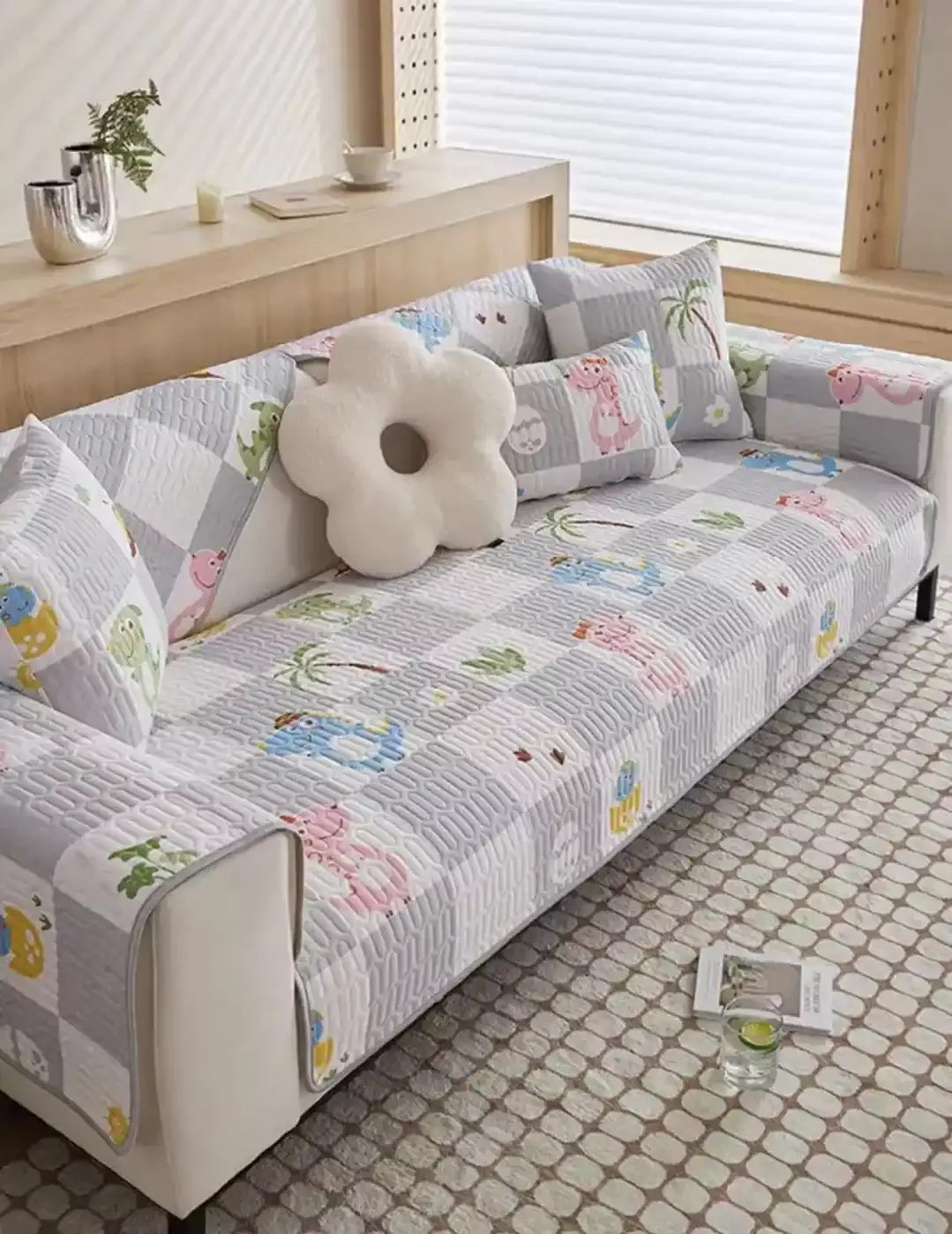 涼感乳膠沙發墊-格紋灰