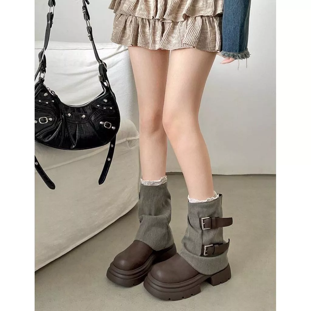🇰🇷正韓復古英倫風設計感雙釦帶帥氣褲管中筒靴